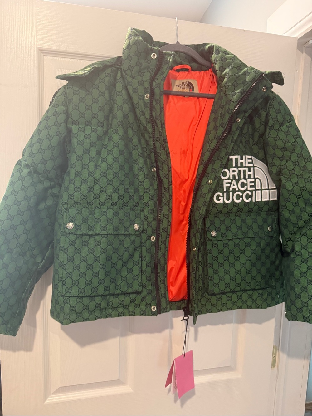 The North Face Gucci Man Green Puffer Jacket with Orange Lining
